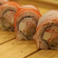 Twister Roll · Inside: shrimp tempura, cream cheese, crabmeat. Top: crab stick, spicy mayo, eel sauce, Srir...