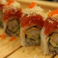 Dragonfly Roll · Inside: shrimp tempura, avocado. Top: spicy tuna, masago, crunch flakes, spicy mayo.