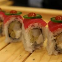 Geisha Roll · Inside: shrimp tempura, cream cheese. Top: tuna, jalapeno, eel sauce, spicy mayo, Sriracha. ...