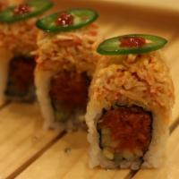 Panic Roll · Inside: spicy tuna, cucumber. Top: spicy crab meat, jalapeno, Sriracha.