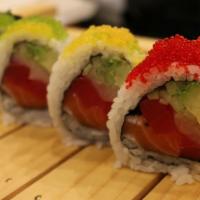 Sashimi Roll · Inside: tuna, salmon, yellowtail, cucumber, avocado. Top: flying fish eggs. Raw.