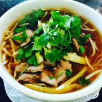 House Noodle Soup · Slice beef and meat ball with bean sprouts, green onions, cilantro and fried garlic.