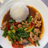 Spicy Basil · Pad kra-prow. Sauteed with onions, green beans, bell pepper, Thai basil with a spicy garlic ...