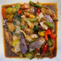 Eggplant · Sauteed with eggplant, onions, bell peppers, Thai basil with spicy garlic sauce.