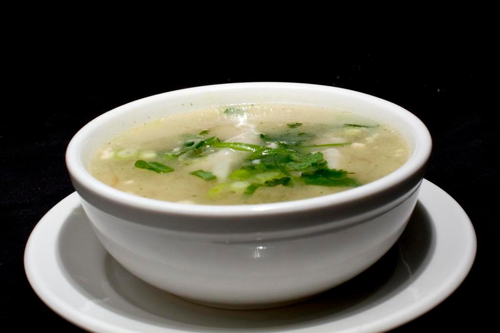 Wonton Soup · Pork dumplings, ground chicken, cilantro and bean sprouts in a tasty chicken broth.