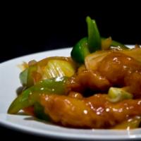 Sweet and Sour · Deep fried in batter with cucumbers, tomatoes, pineapple, onions and peppers.