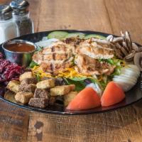 Grilled Chicken Salad · Fresh greens tossed with cucumber, mushrooms, onion, dried cranberries, egg, tomato, shredde...