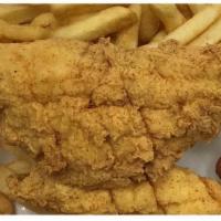 F1. Fish · Fried, Served with Seasoned Fries and Hush Puppies