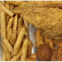 F2. Two Piece Fish and 5 Piece Jumbo Shrimp · Fried, served with Seasoned Fries and Hush Puppies
