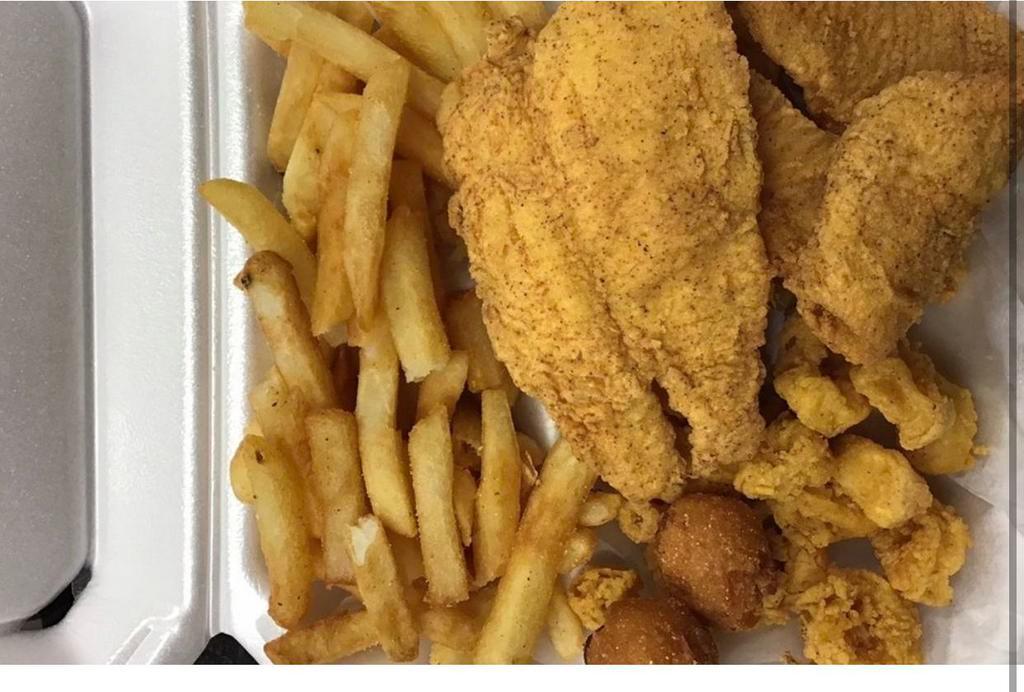F4. Two Piece Fish and Fried Calamari · Fried, served with Seasoned Fries and Hush Puppies