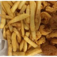F10. Fried Medium Shrimp · Fried, served with Seasoned Fries and Hush Puppies