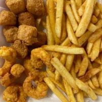 F11. 6 Jumbo Shrimp and 6 Scallop · Fried, served with Seasoned Fries and Hush Puppies