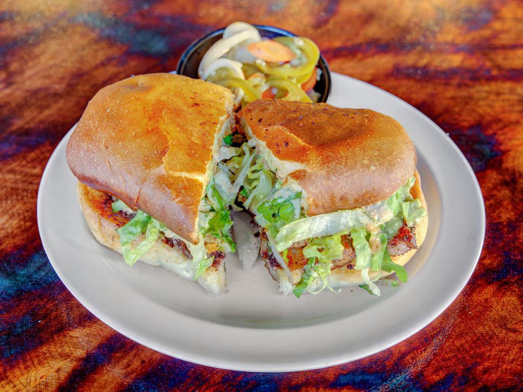 El Torta · Pork belly and salsa verde, served on telara rolls with romaine, sliced sweet onion, tomato, avocado, black bean puree, chile-lime mayo y picked house veggies.