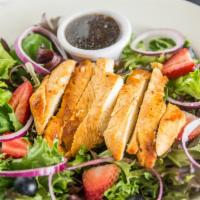 Spring Mix Salad w/Chicken · Spring salad mix with fresh blueberries, strawberries, red onions. Served with balsamic vina...