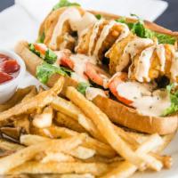 The 301 Po'boy Lunch · Hand-battered and fried jumbo shrimp, lettuce, tomatoes and our house-made Cheers sauce on t...