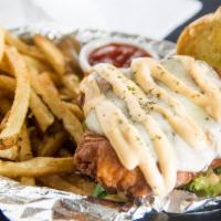 Cheers Chicken Sandwich · Hand cut and seasoned fried chicken breast topped with cheese, lettuce, tomatoes and our hou...