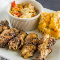 Grilled Wings Entree · 5 Grilled wings with your choice of BBQ, Jerk or Plain. Served with 2 sides and Cornbread