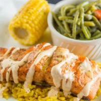 Cheers Salmon Entree · Fresh hand seasoned salmon cooked to perfection. Served on a bed of rice with a drizzle of C...