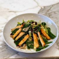 Mediterranean Halloumi Salad · baby kale, quinoa, greens, almonds, tomato, cucumber,  and raisins