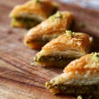 Pistachio Baklava · Flaky phyllo with pistachio and honey.