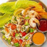 Crab ＆ Shrimp Louie Salad · house-poached jumbo shrimp, picked crab,
avocado, cherry tomato, tobiko, chives,
radish, r...