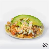 Grilled Shrimp Taco · Grilled shrimp, onion, tomato, cabbage, aioli, avocado, corn tortilla