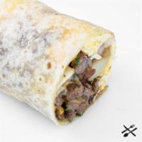 Asada Breakfast Burrito · Steak, eggs, onion, tomato, mexican cheese blend, potato, pinto beans, cilantro, flour torti...