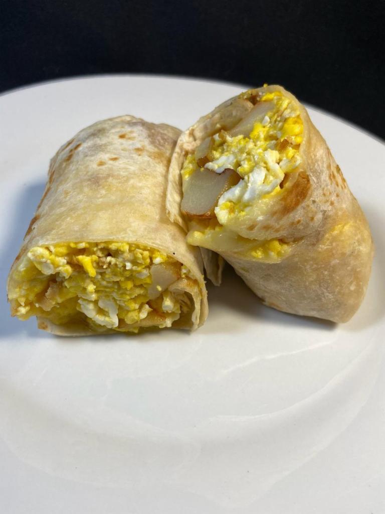 Junior Breakfast Burrito · Eggs, cheese & potatoes in a medium size flour tortilla.
