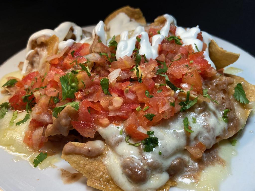 Regular Nachos · Homemade corn chips with melted Monterey jack cheese, mashed beans, salsa fresca and sour cream.