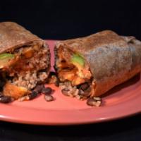 Plantain Super Burrito · Fried plantain with  melted cheese, brown rice, black beans, salsa, molcajete, avocado and s...