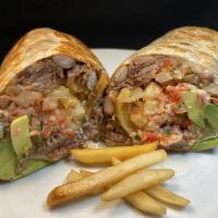 California Burrito · Meat of your choice on a flour tortilla with melted cheese, french fries, beans, salsa fresc...