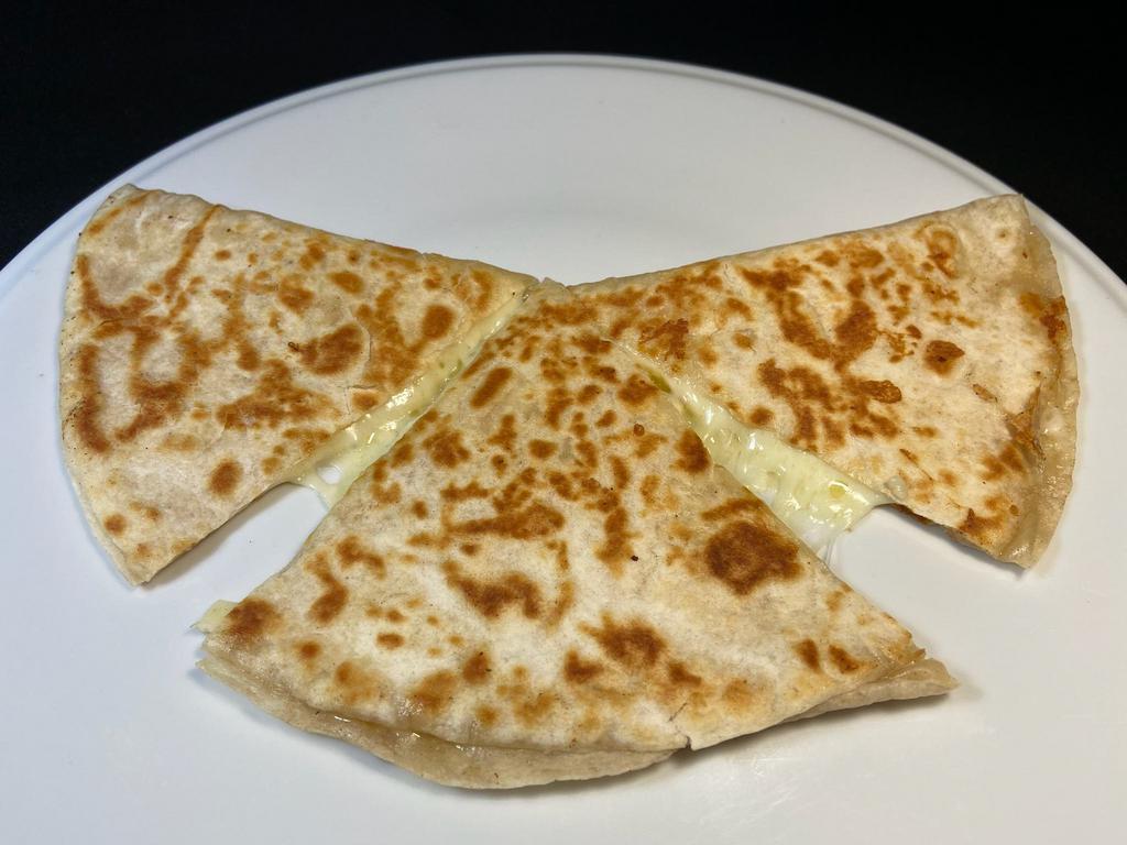 Regular Flour Quesadilla · Grilled flour  tortilla with melted cheese. Ask for guacamole, salsa & sour cream on the side for $2