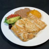 Meat Plate · Meat of your choice served with refried pinto beans andMexican rice, a small salad, salsa fr...