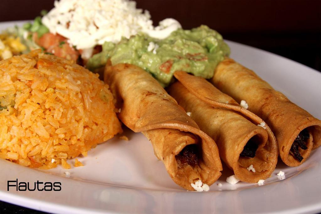 Flautas Plate · 3 flautas (chicken or pork)  with refried beans & Mexican rice, served with lettuce, salsa fresca, guacamole, Mexican cheese, sour cream.