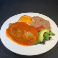 Chile Relleno · Fresh California pod  Filled with mexican cheese & salsa ranchera on top. Served with refrie...
