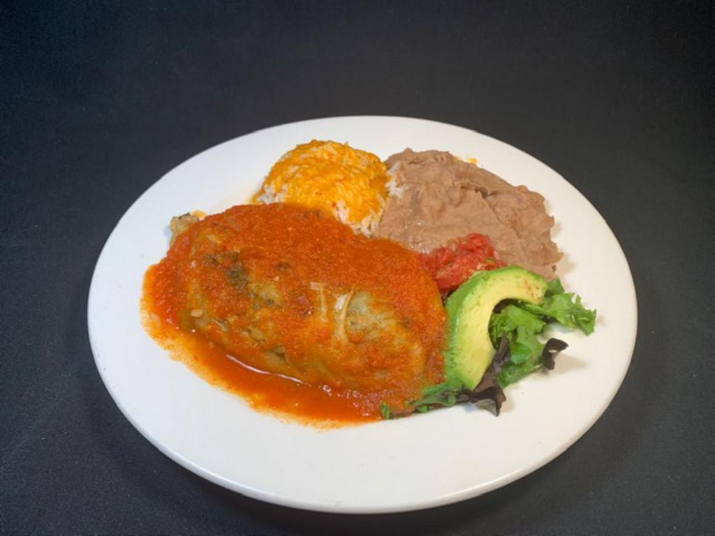 Chile Relleno · Fresh California pod  Filled with mexican cheese & salsa ranchera on top. Served with refried beans, Mexican rice, avocado & small salad. Your choice of corn or flour tortillas