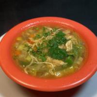 Bowl of Chicken Broth with Veggies · 12 oz of chicken broth with pieces of chicken & veggies.