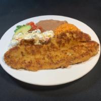 Pescado Empanizado · Breaded  filet of sole, sauteed in butter, served with refried  beans, Mexican rice &  potat...