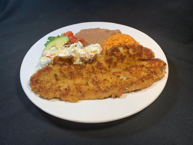 Pescado Empanizado · Breaded  filet of sole, sauteed in butter, served with refried  beans, Mexican rice &  potato salad.  Your choice of  4 corn or 3 flour tortillas.