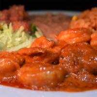 Camarones al Chipotle · Large sauteed Prawns with chipotle sauce. Served with refried beans, Mexican rice, side sala...