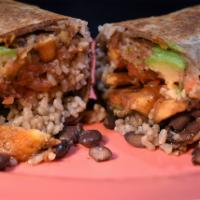 Vegan Plantain Burrito · Sautéed veggies with tofu on a homemade  Chile verde sauce,  served with black beans, Mexica...