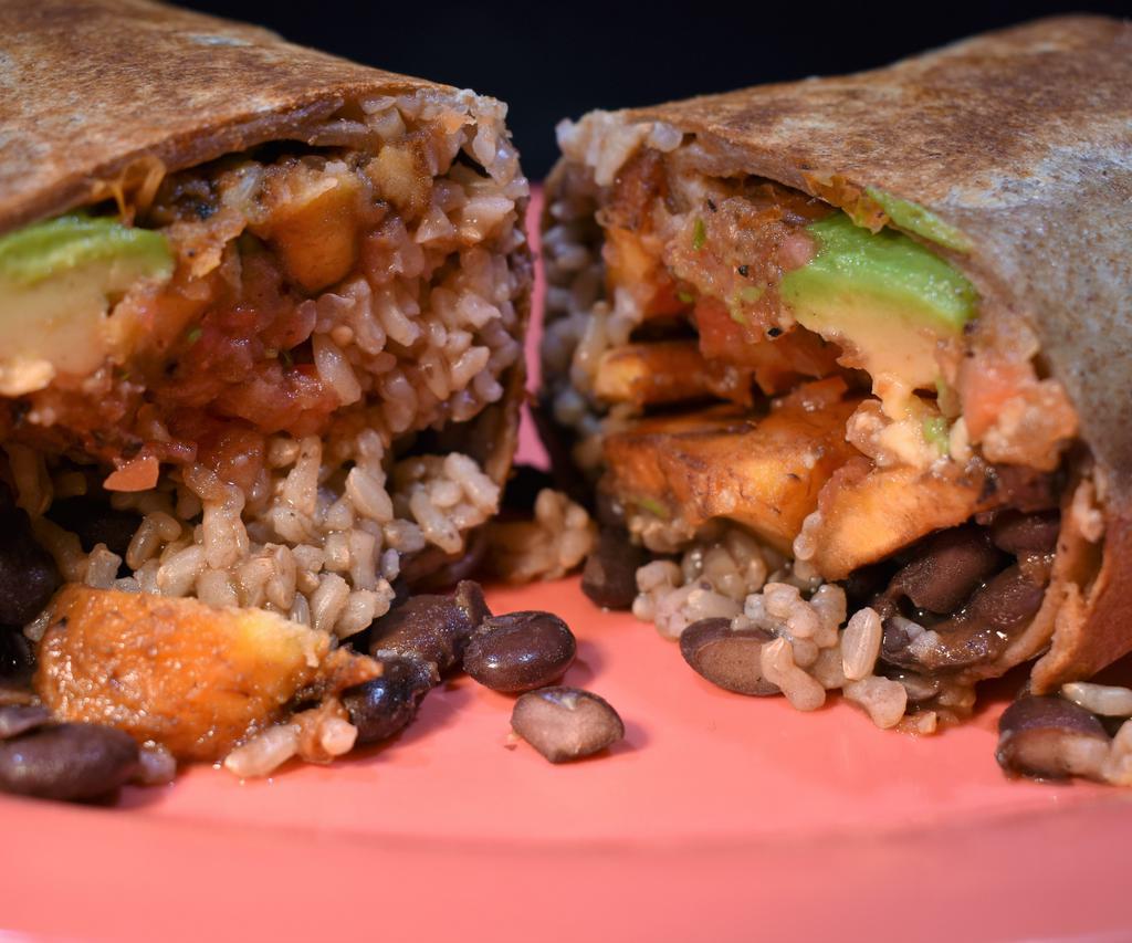 Vegan Plantain Burrito · Sautéed veggies with tofu on a homemade  Chile verde sauce,  served with black beans, Mexican rice,  small salad & avocado slice. Your choice of corn or flour tortillas.