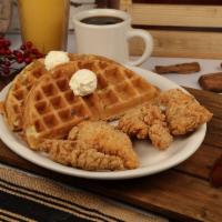 Chicken and Waffles Breakfast · 4 chicken strips with a whole waffle.