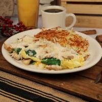 Chicken Spinach Alfredo Stacker Breakfast · 2 scrambled eggs mixed with spinach, topped with Swiss cheese, grilled seasoned chicken brea...