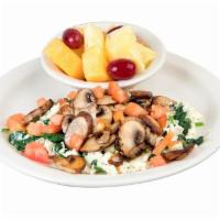 Light Mushrooms and Spinach Scrambler Stacker Breakfast · 2 egg whites mixed with spinach, topped with mushrooms and diced tomato. Fresh fruit included.