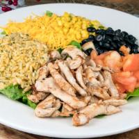 Southwest Chicken Salad · Grilled marinated chicken breast strips, diced tomatoes, whole black beans, corn, butter ric...