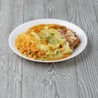 Chicken Enchiladas Plate · 2 corn tortillas stuffed with delicious special enchilada chicken topped with flavored enchi...