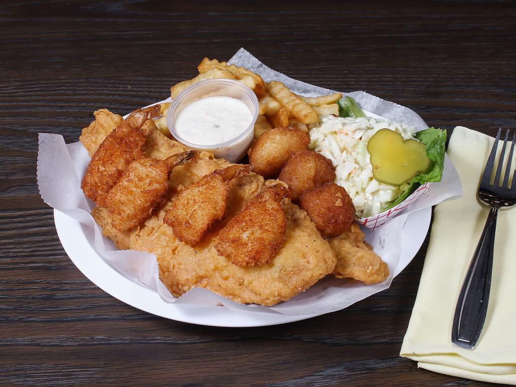 Whiting and Shrimp · Served with fries slaw hushpuppies and tarter sauce.