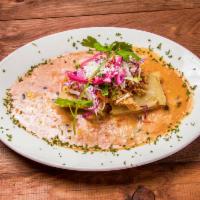 Open Face Tamale · Fried tamale, chicken tinga, queso fresco, black bean and roasted corn salsa, pickled red on...