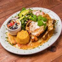 Pollo Azteca · 10 oz. chicken breast stuffed with spinach and shrimp, covered with ranchero sauce and chees...